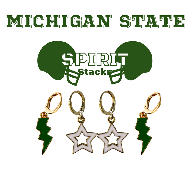 Michigan State Spirit Earring Stack with green mini enamel bolts and white starboys