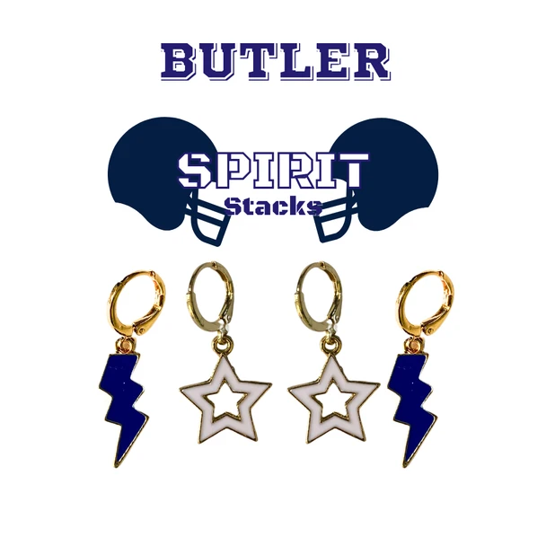 Butler Spirit Earring Stack with navy mini enamel bolts and white starboys