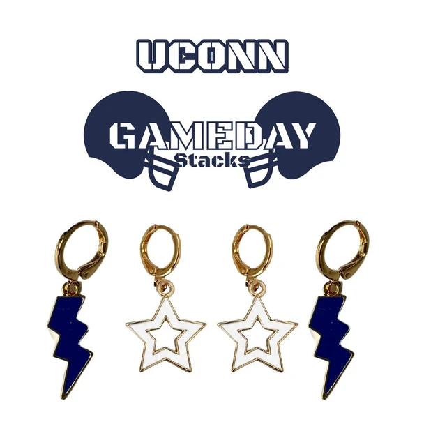 UConn Huskies Spirit Earring Stack: navy mini enamel bolts and white statement open starboy huggies
