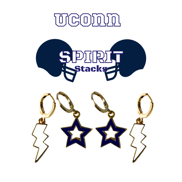 UConn Spirit Earring Stack with white mini enamel bolts and navy starboys