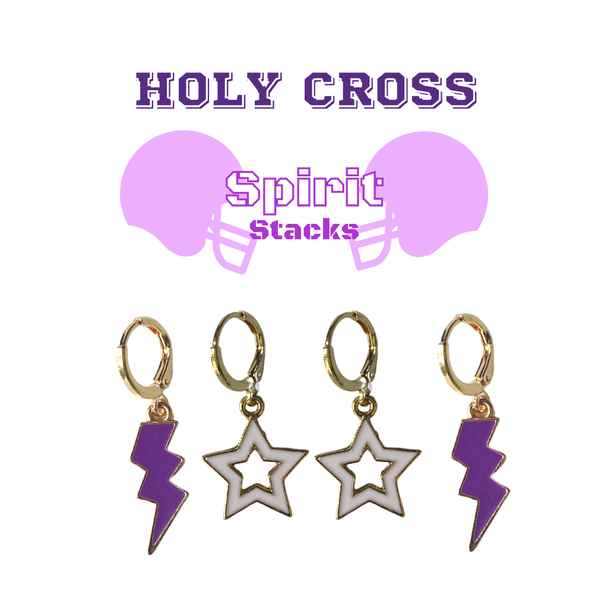 Holy Cross Spirit Earring Stack with white mini enamel bolts and purple starboys
