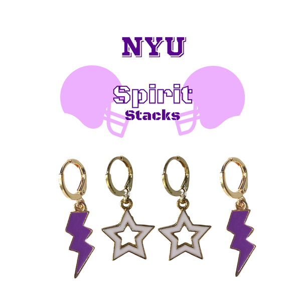 NYU Spirit Earring Stack with white mini enamel bolts and purple starboys