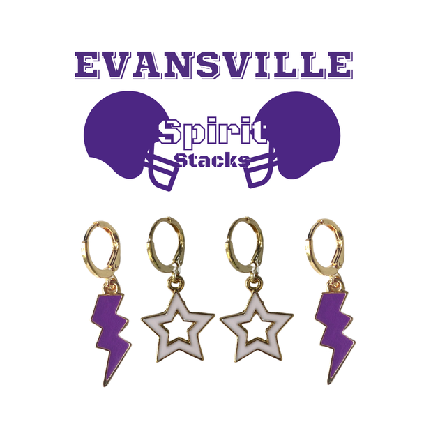 Evansville Spirit Earring Stack with purple mini enamel bolts and white starboys