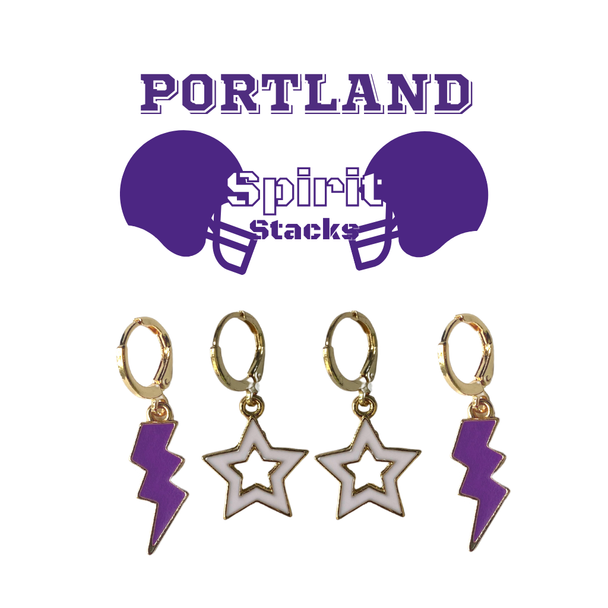 Portland Spirit Earring Stack with white mini enamel bolts and purple starboys