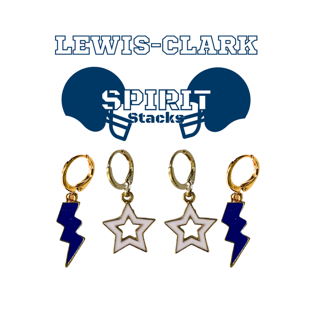 Lewis-Clark State College Spirit Earring Stack with navy mini enamel bolts and white starboys
