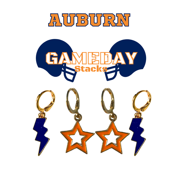 Auburn Spirit Earring Stack with orange mini enamel bolts and navy starboys