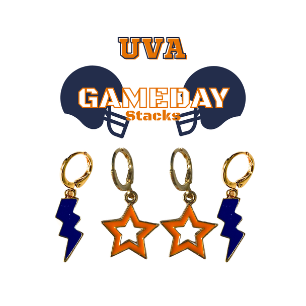 University of Virginia Spirit Earring Stack with orange mini enamel bolts and navy starboys