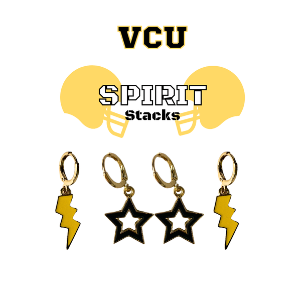 VCU Spirit Earring Stack with black mini enamel bolts and gold starboys