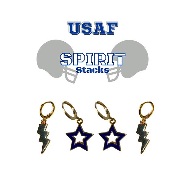 U.S. Air Force Academy Spirit Earring Stack with navy mini enamel bolts and grey starboys