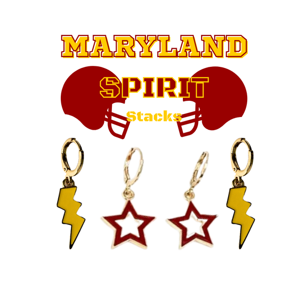 University of Maryland Spirit Earring Stack with golden yellow mini enamel bolts and red starboys