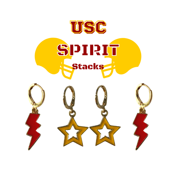 USC Spirit Earring Stack in red and golden yellow, Trojans and Women of Troy huggie hoop earrings