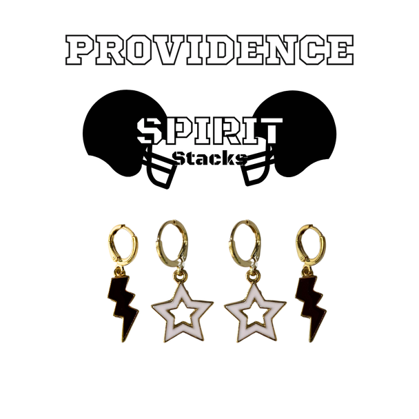 Providence College Spirit Earring Stack with white mini enamel bolts and black starboys
