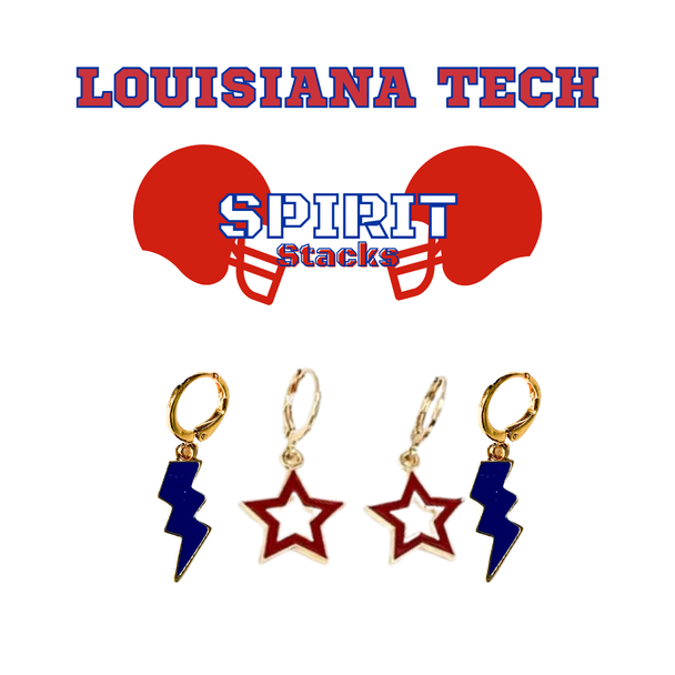 Louisiana Tech Spirit Earring Stack with cobalt mini enamel bolts and red starboys