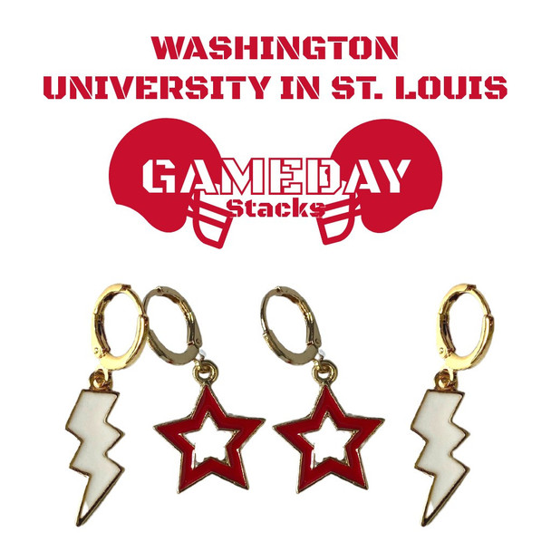 Washington University in St. Louis Bears Spirit Earring Stack: white mini enamel bolts and red statement open starboy huggies