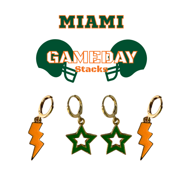 University of Miami Spirit Earring Stack with green mini enamel bolts and orange starboys