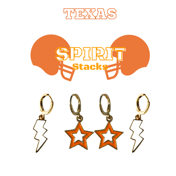 Texas Spirit Earring Stack with white mini enamel bolts and orange starboys