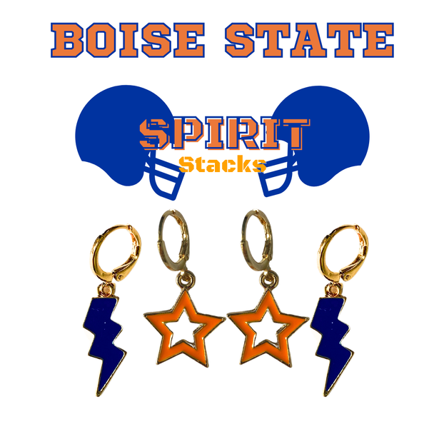 Boise State Spirit Earring Stack with orange mini enamel bolts and cobalt starboys