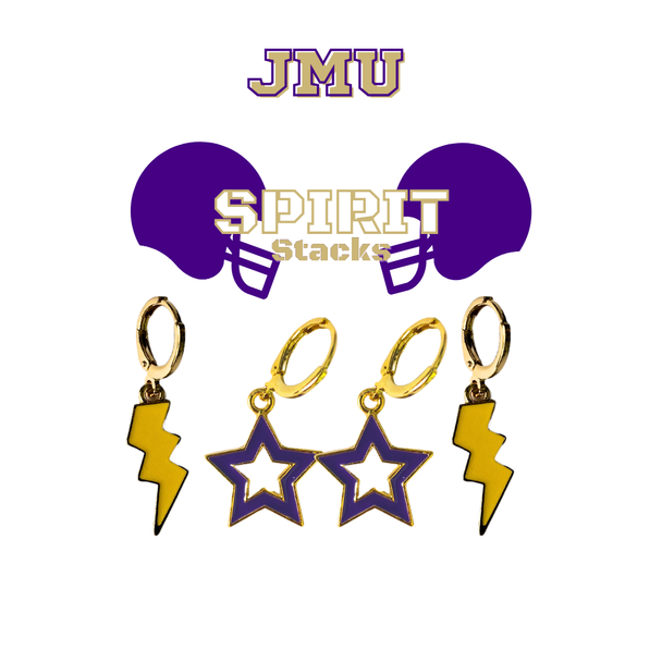 JMU Spirit Earring Stack with purple mini enamel bolts and golden yellow starboys