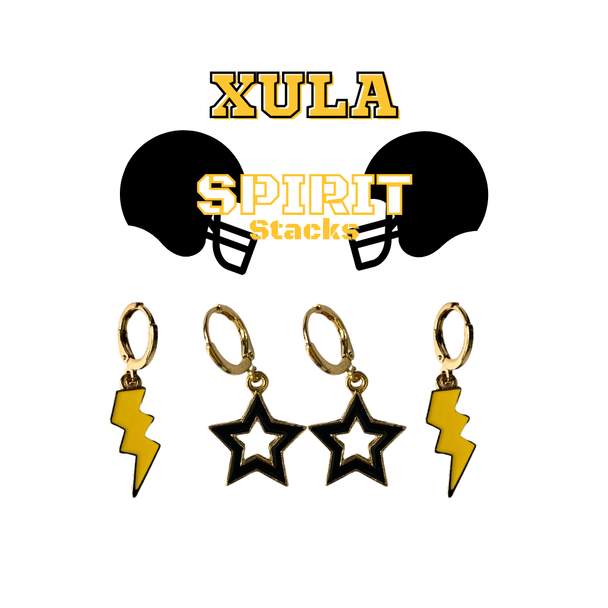 Xavier University of Louisiana Spirit Earring Stack with black mini enamel bolts and golden yellow starboys