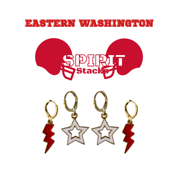 Eastern Washington Spirit Earring Stack with white mini enamel bolts and red starboys