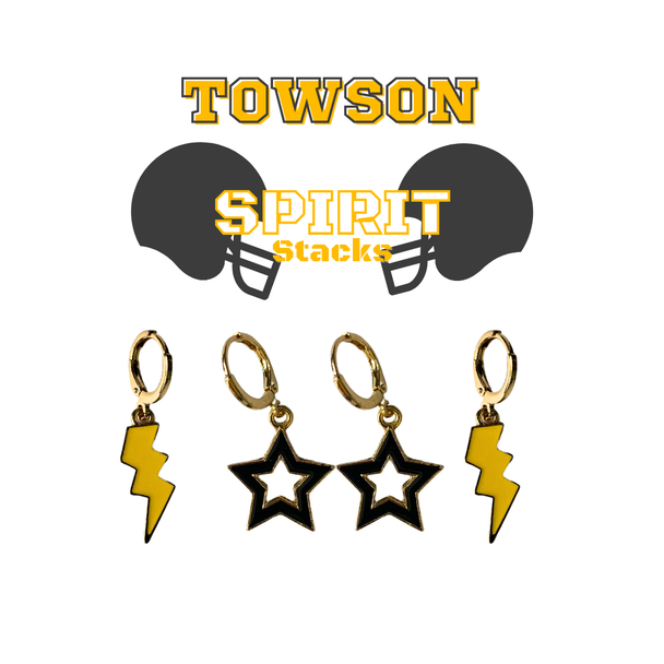 Towson Spirit Earring Stack with black mini enamel bolts and golden yellow starboys
