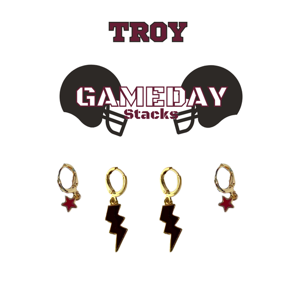 Troy Classic Gameday Earring Stack with maroon mini enamel bolts and black baby stars
