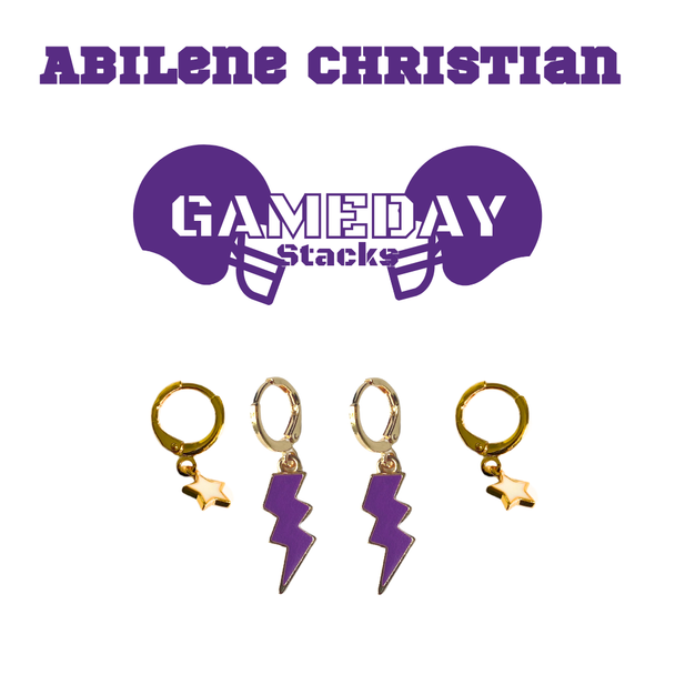 Abilene Christian Classic Gameday Earring Stack with purple mini enamel bolts and white baby stars