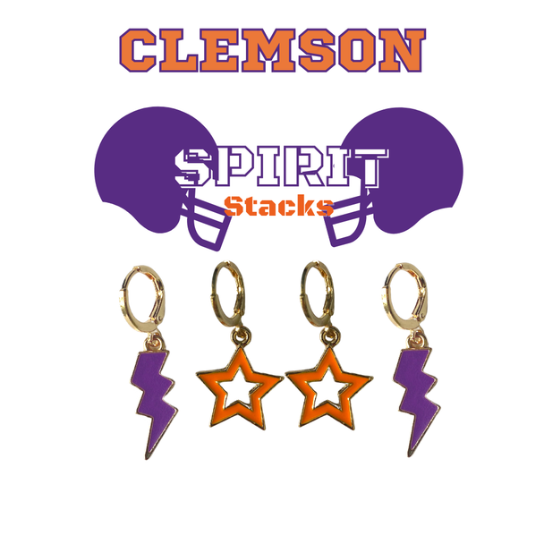 Clemson Spirit Earring Stack with orange mini enamel bolts and purple starboys