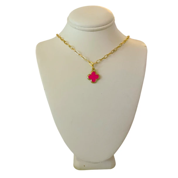 Van Cleef inspired necklace in Barbie Pink on Necklace Stand