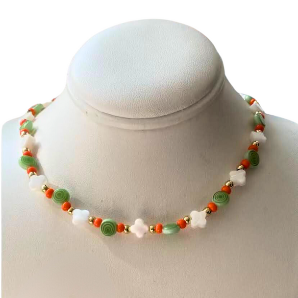 Green and orange tailgate college necklace, perfect for University of Miami