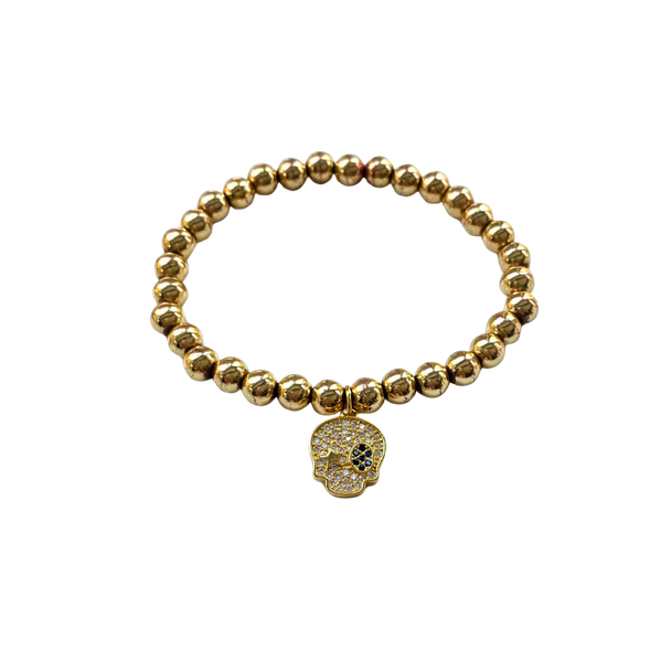 Gold Beaded Bracelet with Glitzy Skull Charm