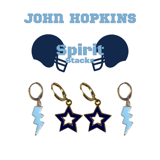 Johns Hopkins Spirit Earring Stack with baby blue mini enamel bolts and navy starboys