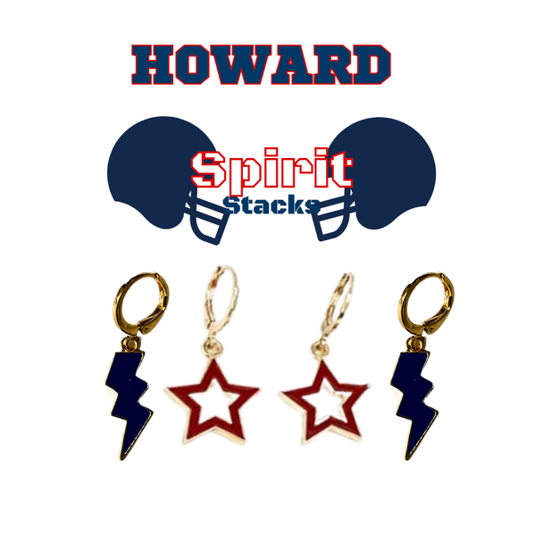 Howard University Spirit Earring Stack with navy mini enamel bolts and red starboys