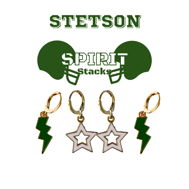 Stetson Spirit Earring Stack with green mini enamel bolts and white starboys