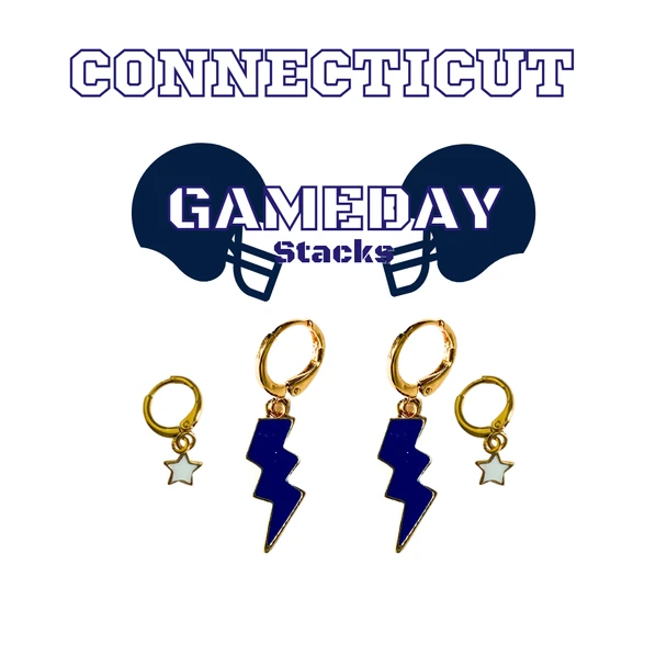 Connecticut College Classic Gameday Earring Stack with navy mini enamel bolts and white baby stars