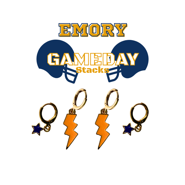 Emory Classic Gameday Earring Stack with orange mini enamel bolts and navy baby stars
