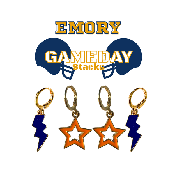 Emory Spirit Earring Stack with orange mini enamel bolts and navy starboys