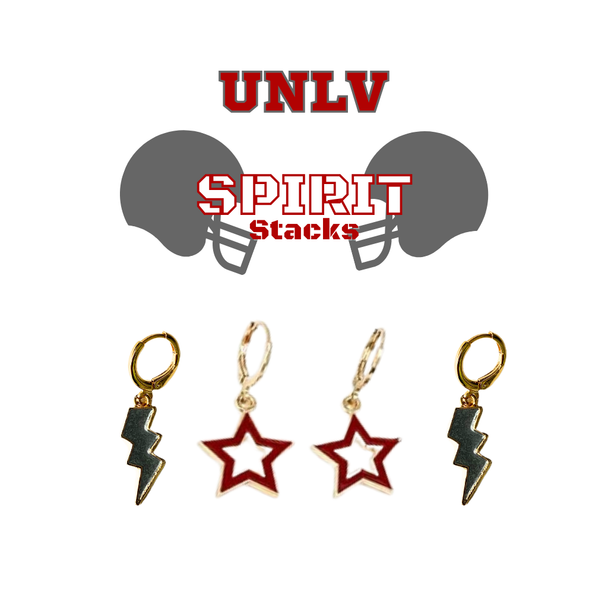 UNLV Spirit Earring Stack with red mini enamel bolts and grey starboys