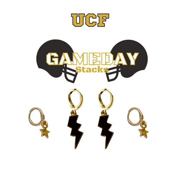Central Florida Classic Gameday Earring Stack with black mini enamel bolts and golden yellow baby stars