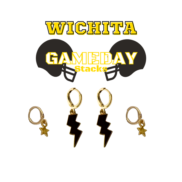 Wichita State Classic Gameday Earring Stack with black mini enamel bolts and golden yellow baby stars