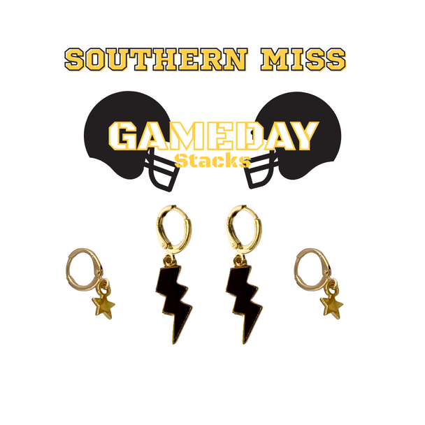 Southern Miss Classic Gameday Earring Stack with black mini enamel bolts and golden yellow baby stars
