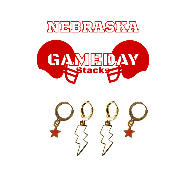 Nebraska Classic Gameday Earring Stack with white mini enamel bolts and red baby stars