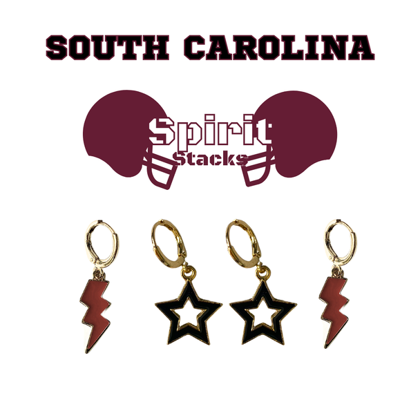 University of South Carolina Spirit Earring Stack in maroon and black, Gamecocks huggie hoop earrings