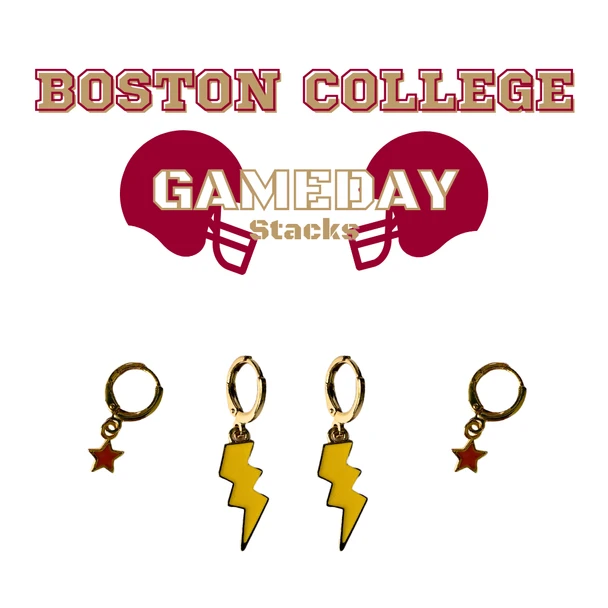 Boston College Classic Gameday Earring Stack in golden yellow and maroon, Eagles huggie hoop earrings