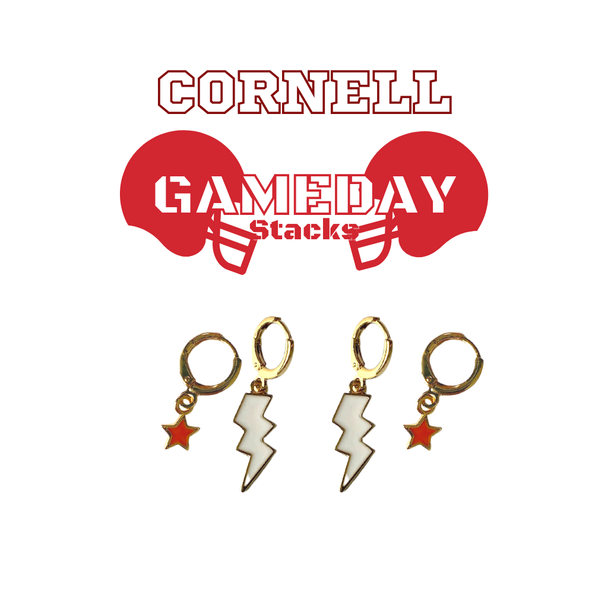 Cornell Classic Gameday Earring Stack with red mini enamel bolts and white baby stars
