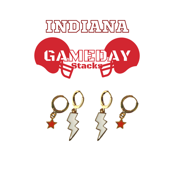 Indiana University Classic Gameday Earring Stack with white mini enamel bolts and red baby stars