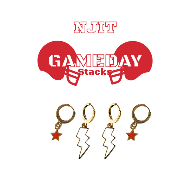 NJIT Classic Gameday Earring Stack with white mini enamel bolts and red baby stars