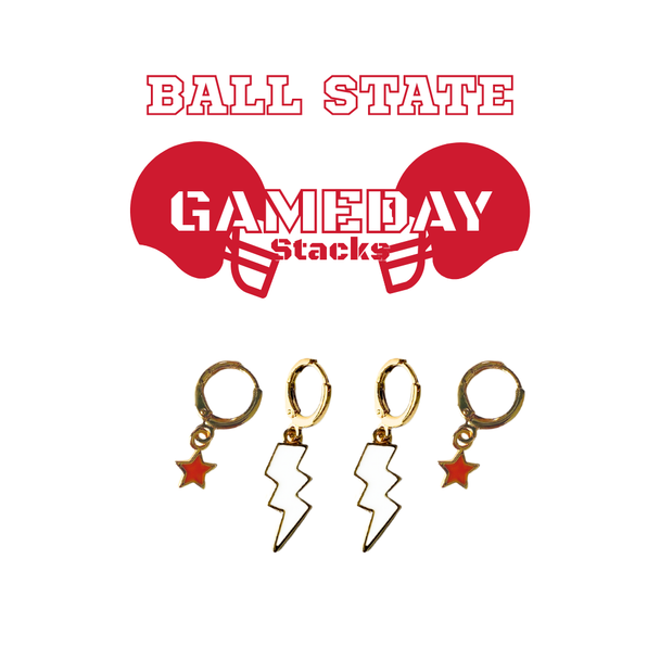 Ball State Classic Gameday Earring Stack with white mini enamel bolts and red baby stars