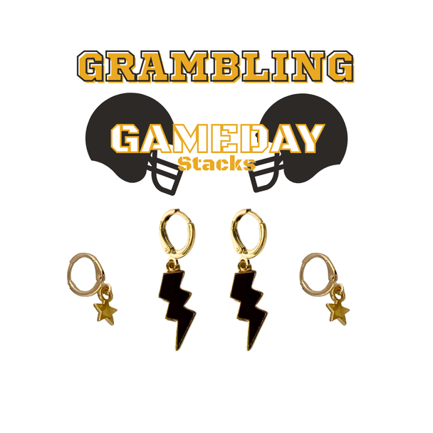 Grambling State Classic Gameday Earring Stack with black mini enamel bolts and golden yellow baby stars
