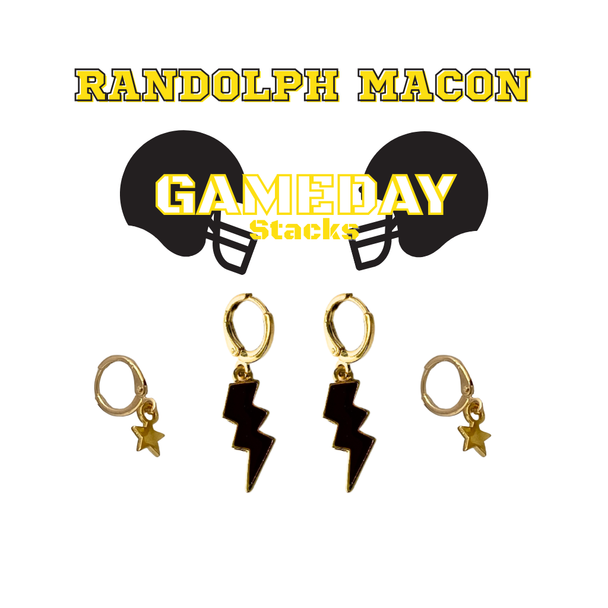 Randolph-Macon Classic Gameday Earring Stack with golden yellow mini enamel bolts and black baby stars